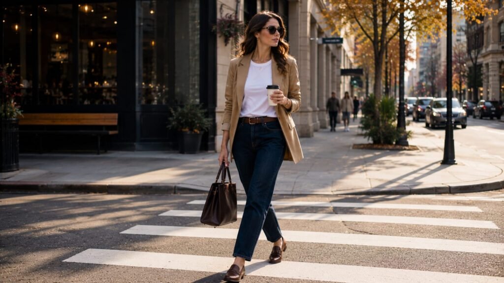 Early fall transition outfits with a white tee, tailored blazer, dark jeans, and loafers
