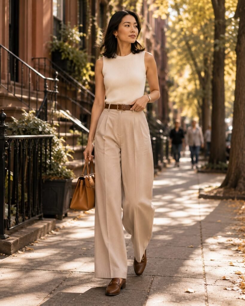 Early fall outfits for women with pleated wide-leg trousers, an ivory knit top, and brown loafers