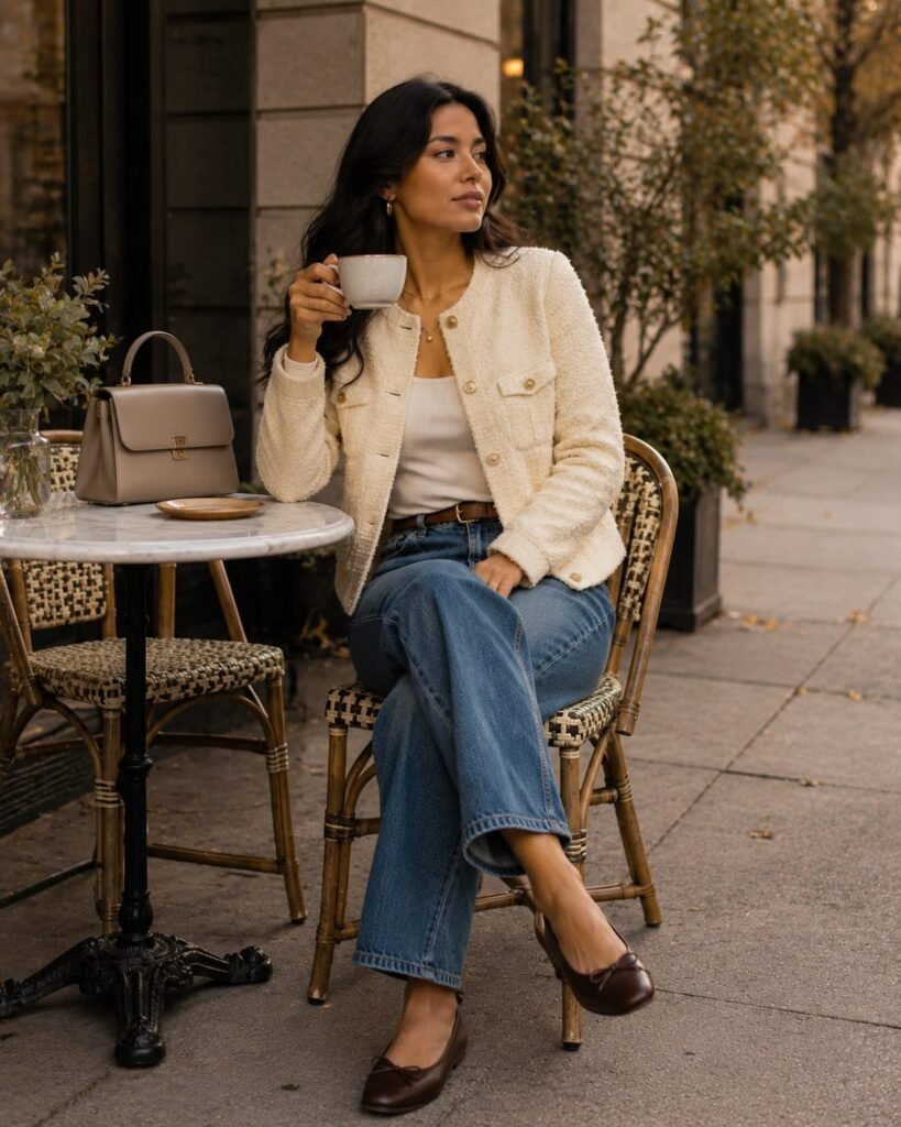 Early fall outfits for women with a cream textured cardigan, white ribbed tank, and straight-leg jeans