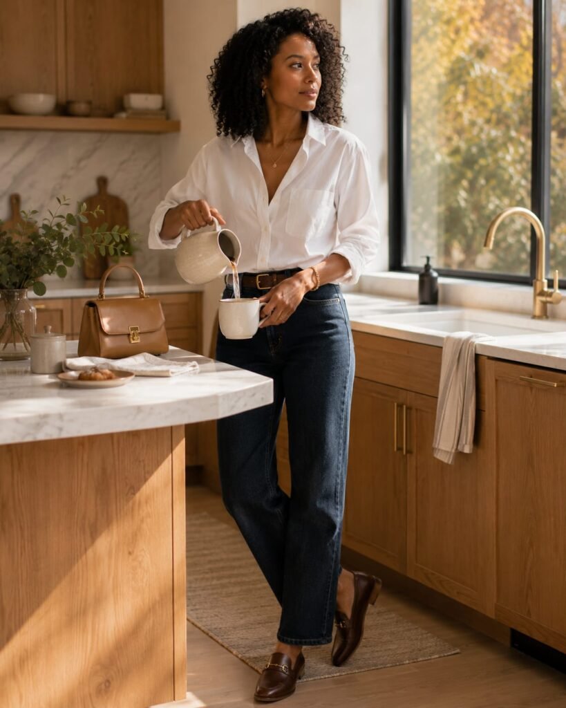 Early fall outfits for women featuring a crisp white poplin button-down with dark straight-leg jeans and brown loafers