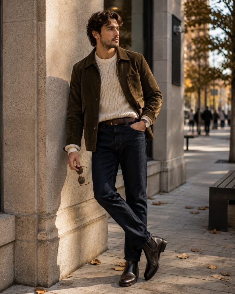 Man wearing a corduroy jacket, textured knit sweater, dark denim, and leather Chelsea boots