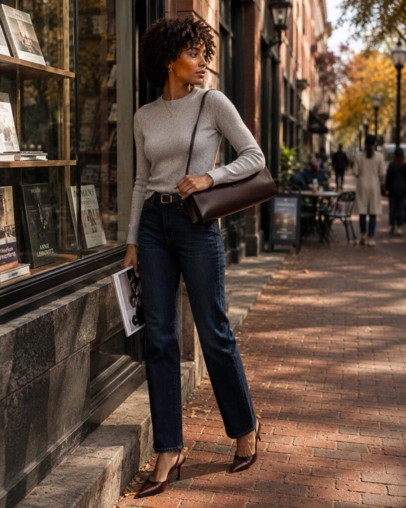 2026 handbag trends featuring a woman carrying an elongated east-west brown leather shoulder bag