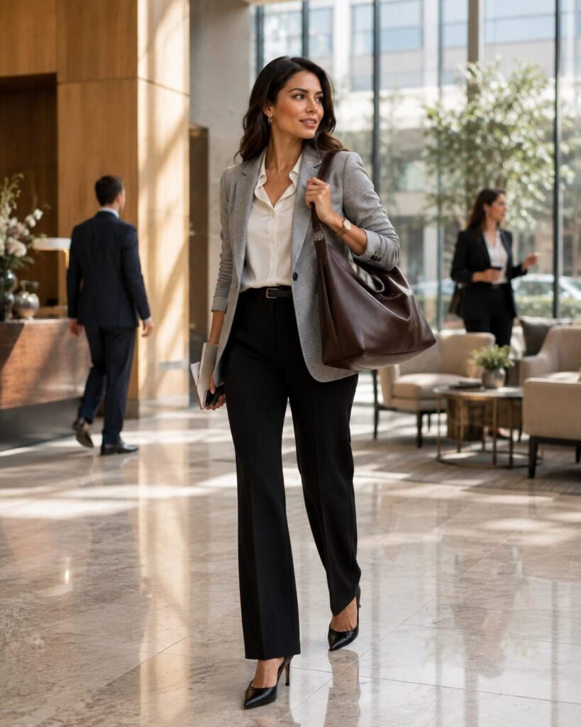 2026 handbag trends featuring a woman carrying a soft slouchy brown work tote