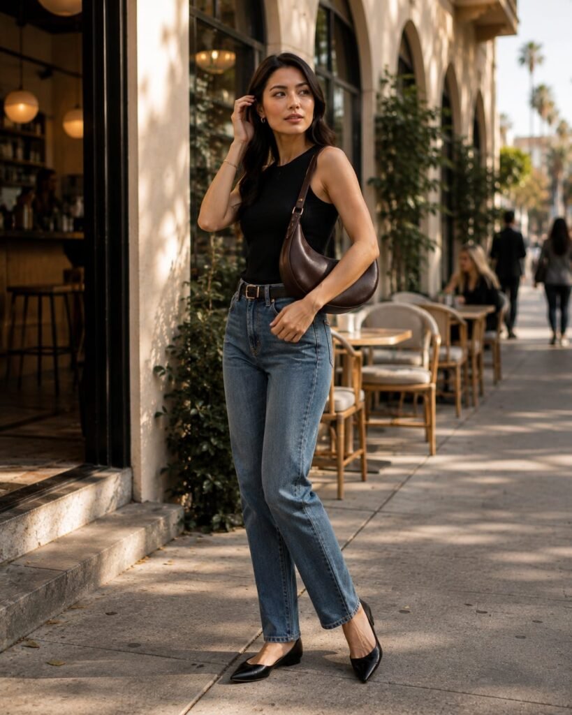 2026 handbag trends featuring a woman carrying a sculptural brown crescent handbag