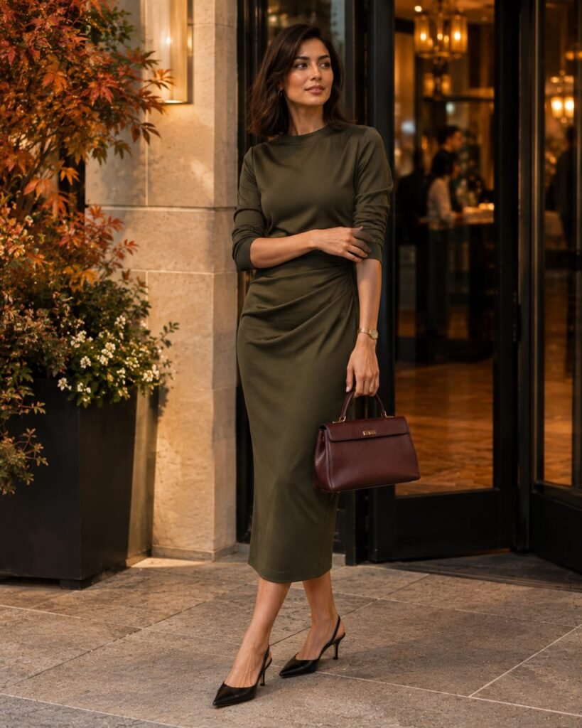 2026 handbag trends featuring a woman carrying a structured burgundy top-handle handbag