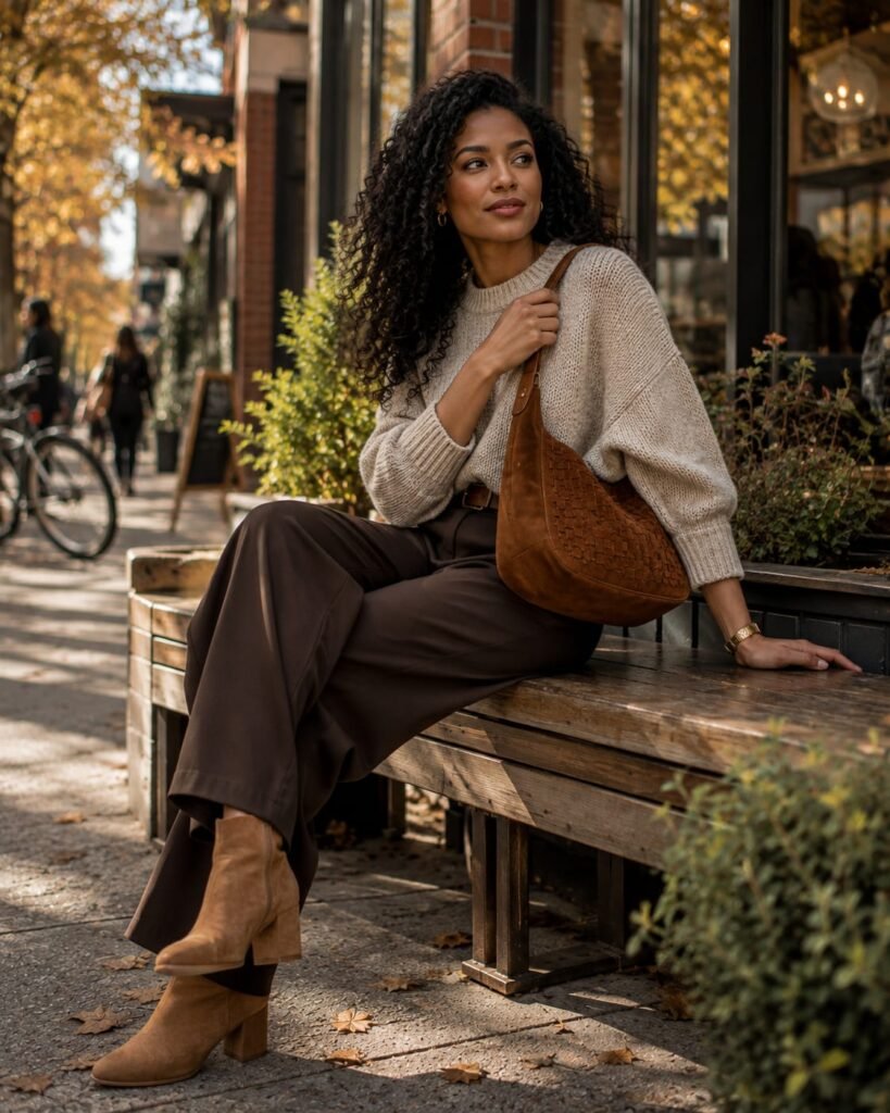 2026 handbag trends featuring a woman carrying a textured cognac suede shoulder bag