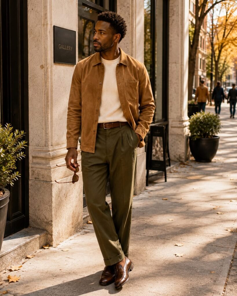 Man wearing a camel suede jacket, cream knit sweater, and olive trousers in an earth-tone 70s inspired outfit