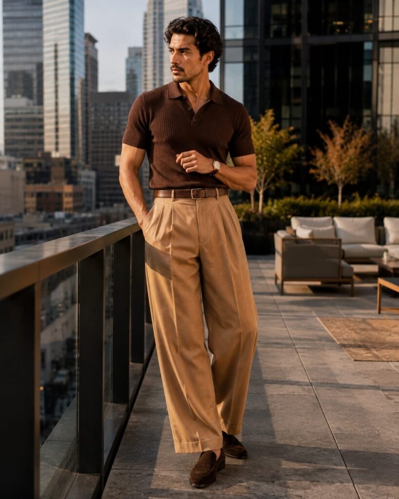 Man wearing relaxed wide-leg camel trousers with a dark-brown knit polo and brown loafers