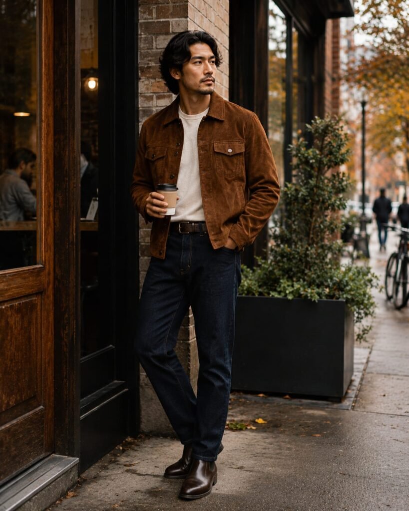 Man wearing a brown suede jacket over a cream shirt with dark denim and Chelsea boots