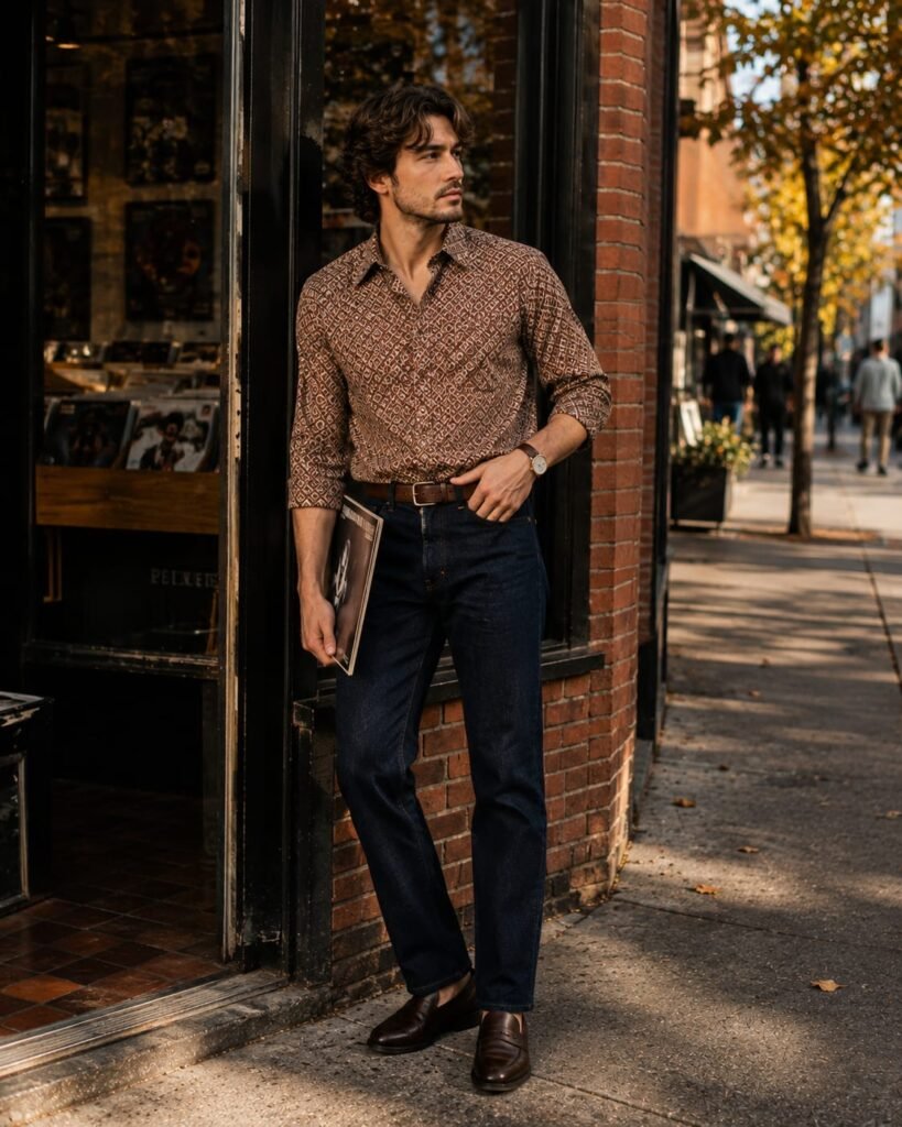 Man wearing dark straight-leg denim with a vintage-inspired patterned shirt and brown leather loafers