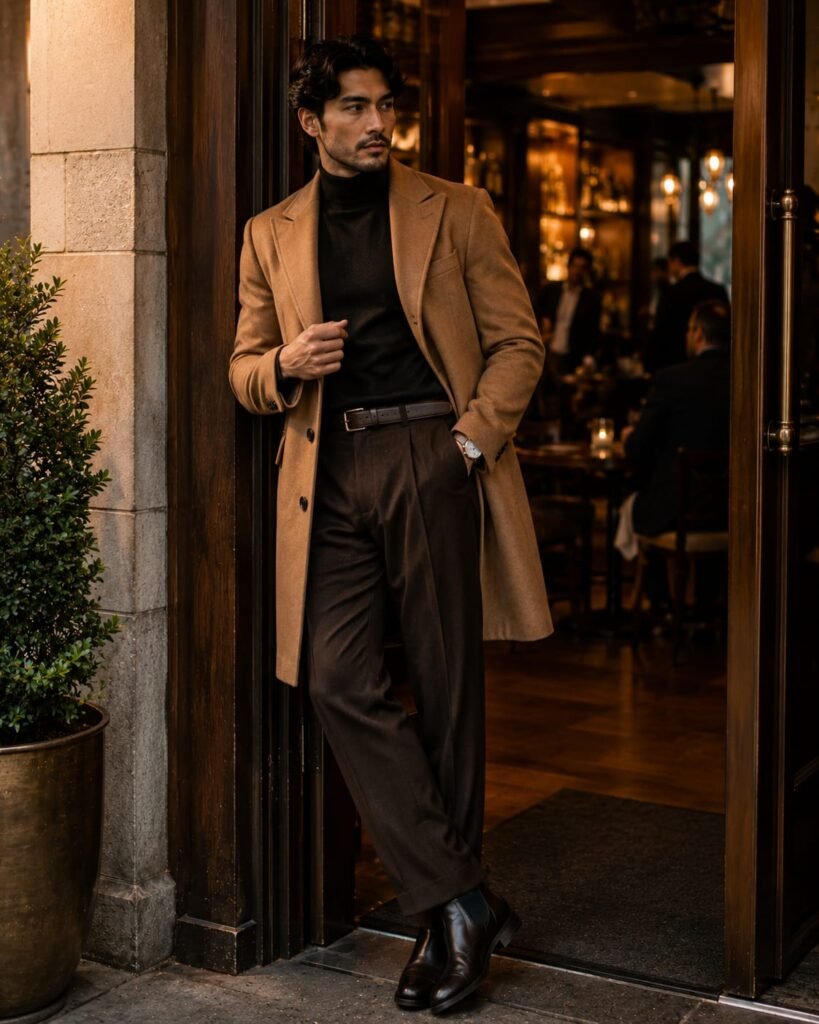 Man wearing a black turtleneck under a camel coat with dark trousers and Chelsea boots