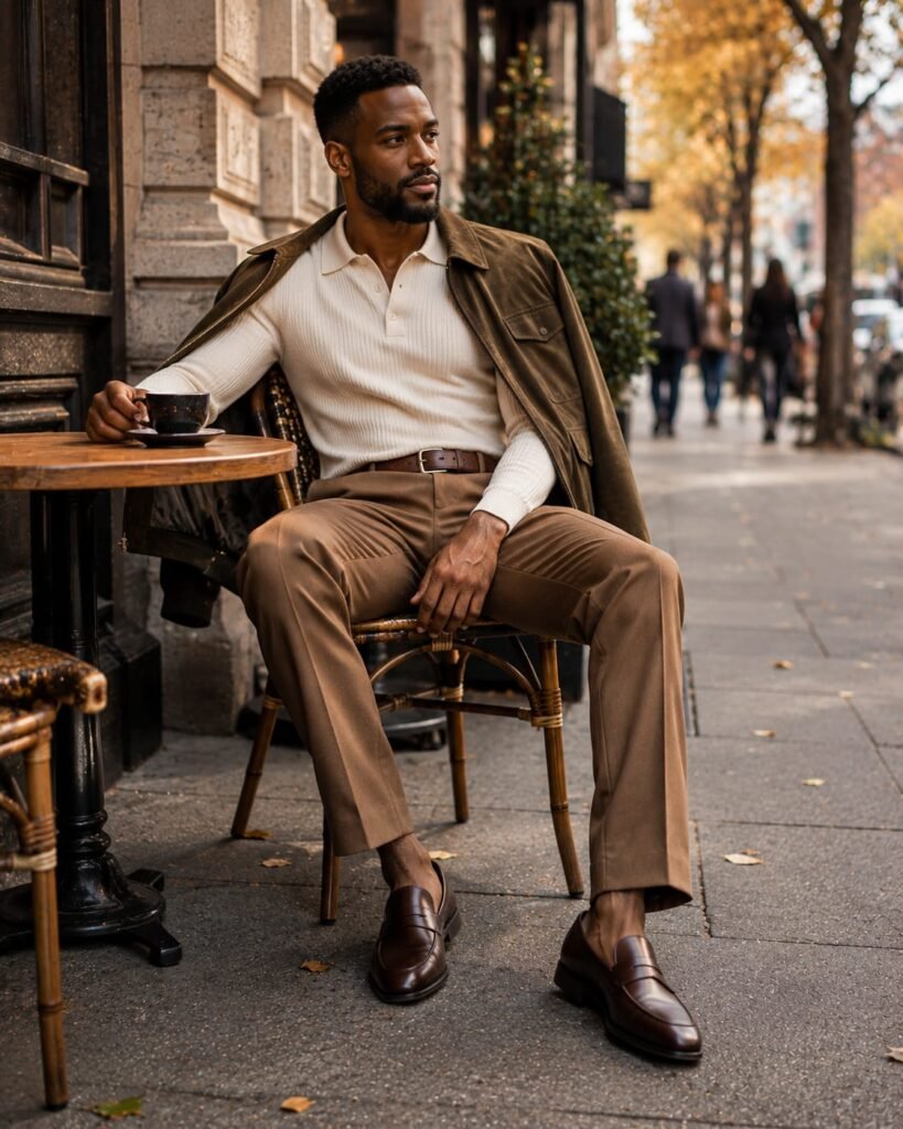 Man wearing brown leather loafers with camel trousers and a cream knit polo