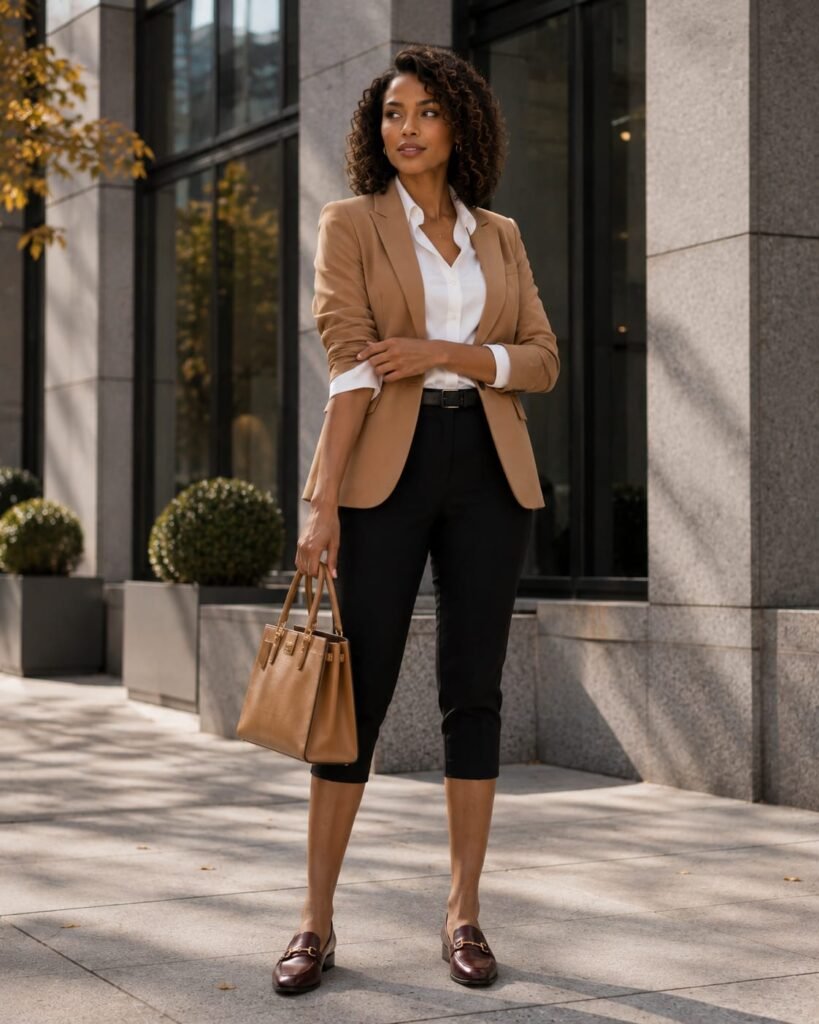 black capri pants outfit with white shirt and blazer