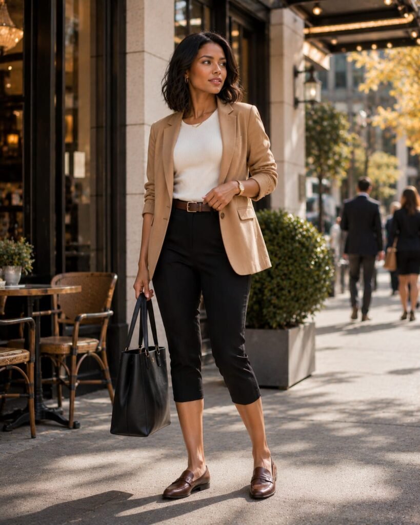 black capri pants office outfit with camel blazer and brown loafers