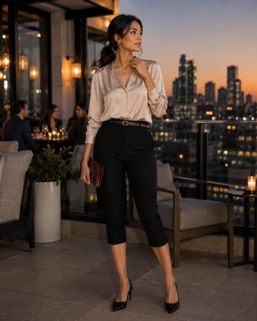 black capri pants evening outfit with gold jewelry and heels