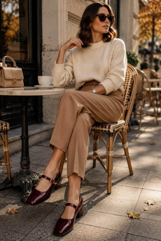 Burgundy Mary Jane shoes styled with neutral knitwear