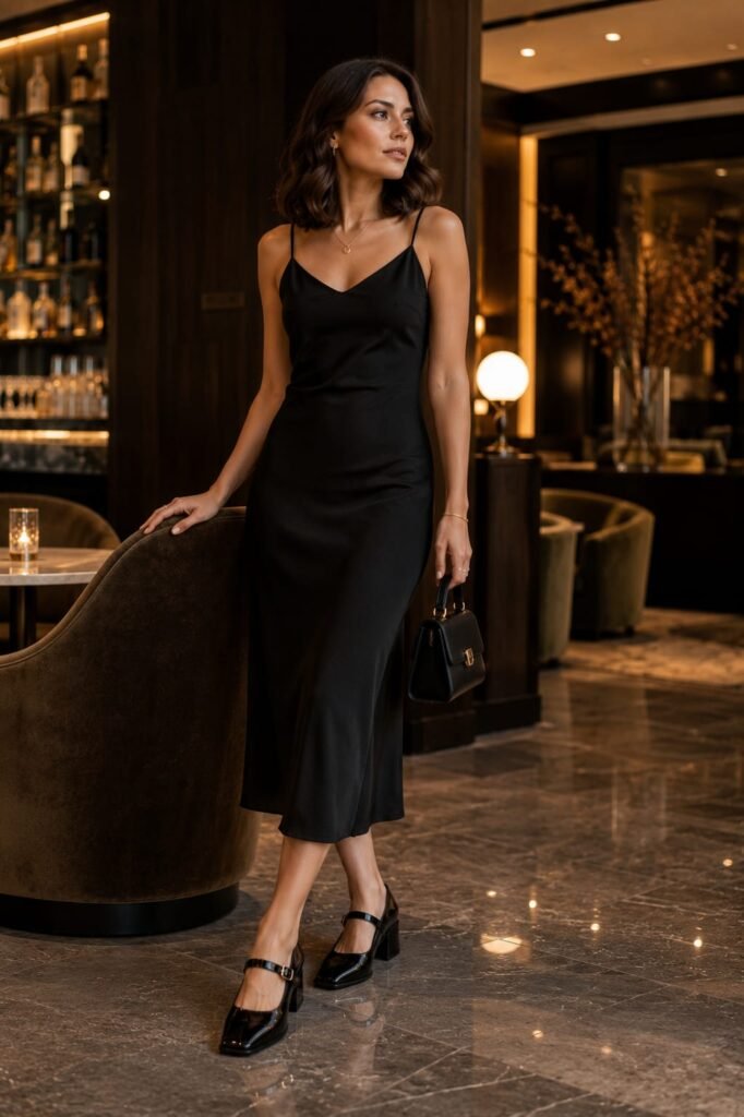 Patent leather Mary Jane shoes with a minimalist black dress
