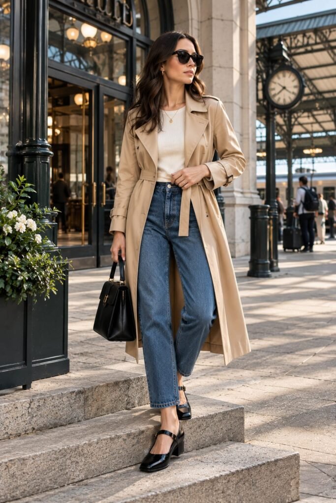 Mary Jane shoes with trench coat and denim