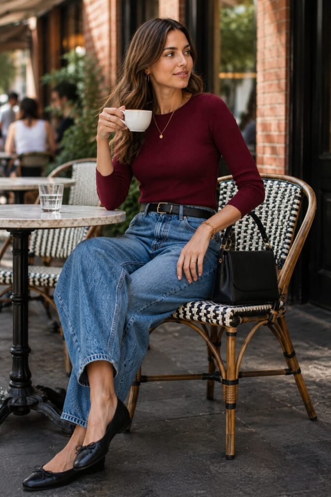 Barrel leg jeans for women with a fitted burgundy knit top