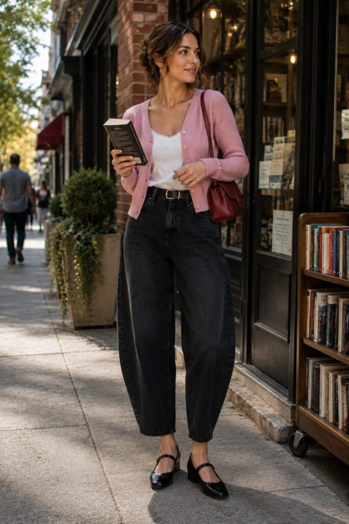 Black barrel leg jeans with Mary Jane shoes for women