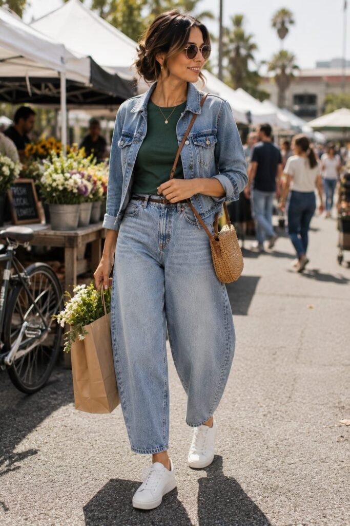 Barrel leg jeans for women styled with white sneakers