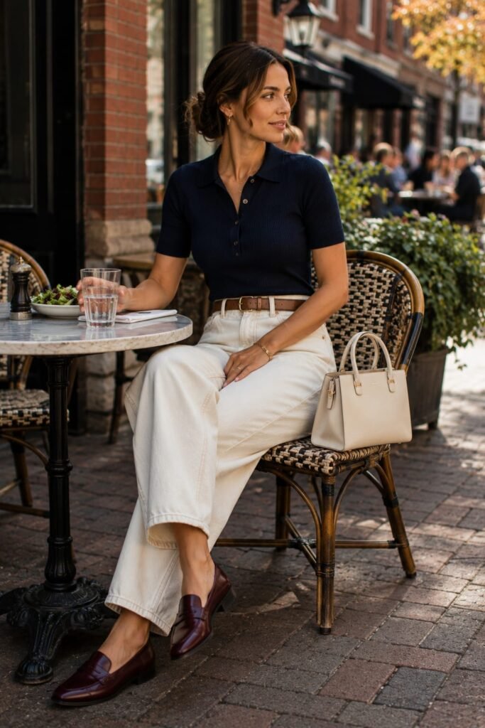 Barrel leg jeans for women with burgundy leather loafers