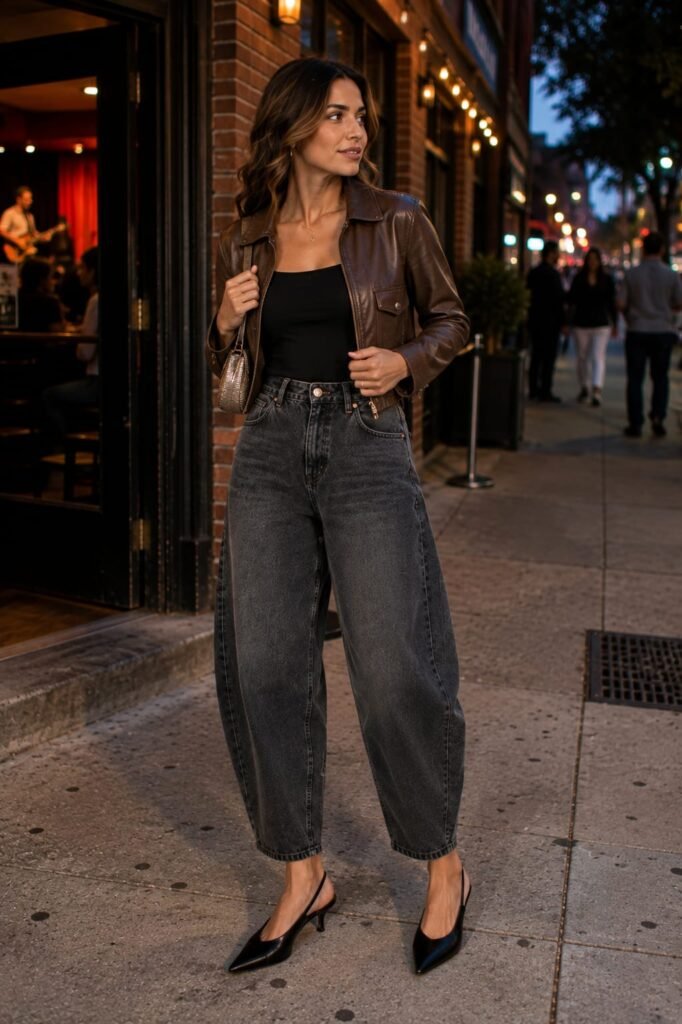 Barrel leg jeans for women with a cropped leather jacket