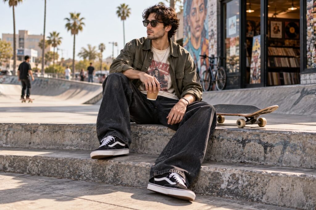 Man wearing a baggy jeans outfit with a varsity jacket and retro basketball sneakers