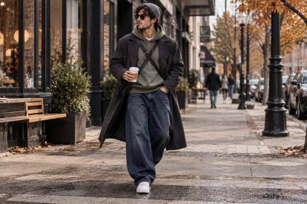  Baggy jeans men outfit with a varsity jacket and retro basketball sneakers