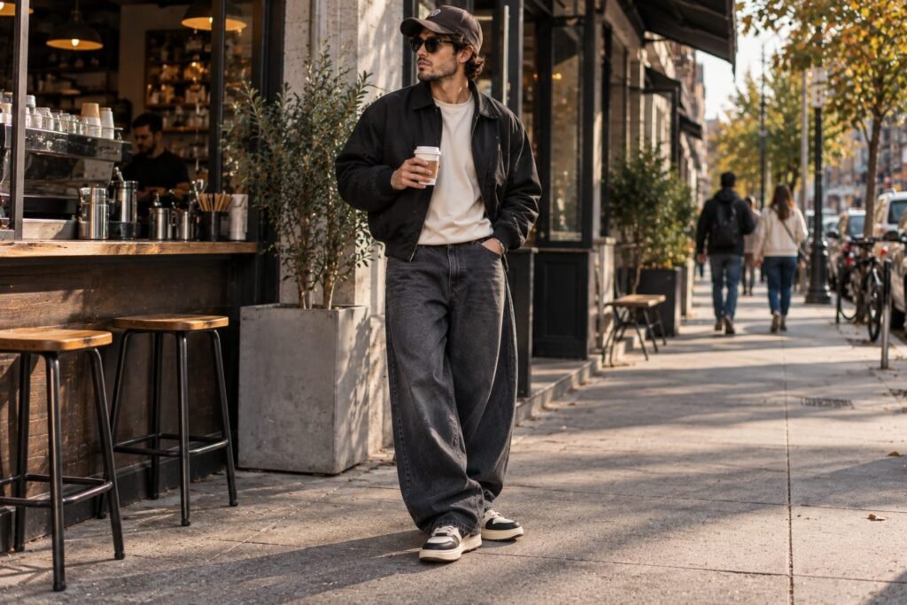 Man wearing a tailored baggy jeans outfit with a varsity jacket and retro sneakers, modern 90s-inspired men’s street style.