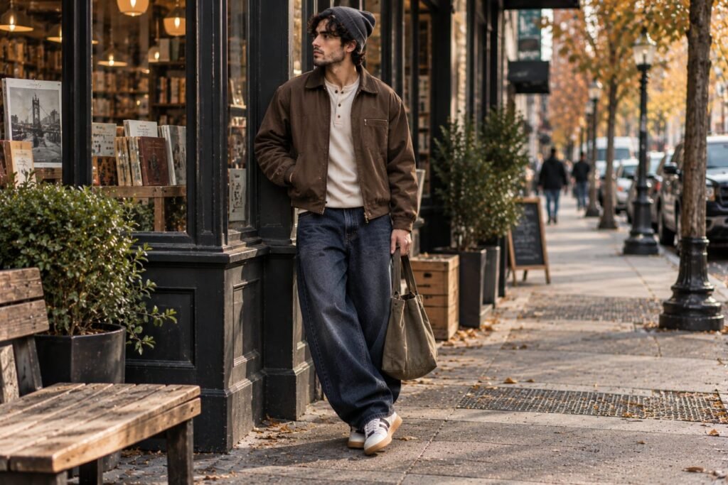 Baggy jeans outfit for men with a puffer vest and quarter-zip sweatshirt for fall style