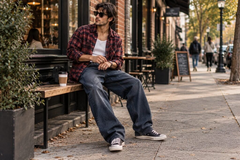 Man wearing baggy jeans outfit with a quarter-zip sweatshirt and puffer vest for a modern fall streetwear look.