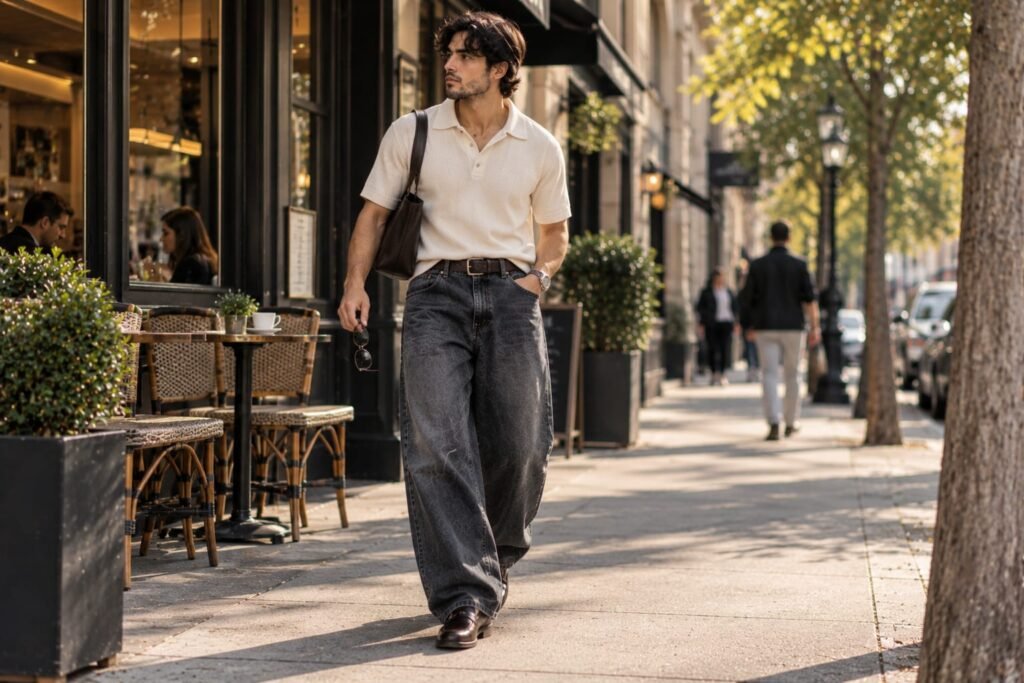 Baggy jeans men outfit with a knit polo and loafers for a smart-casual street style look