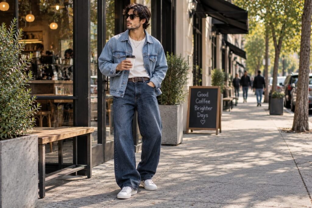 Man wearing baggy jeans with a boxy denim jacket in a modern denim-on-denim outfit