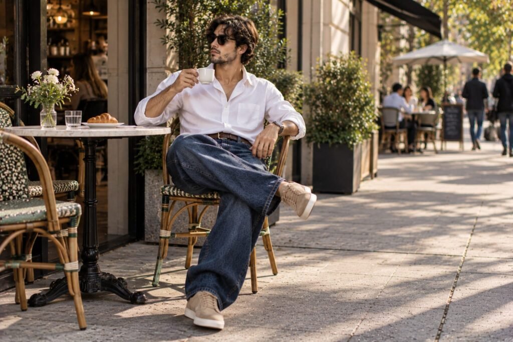 Clean white shirt and suede sneakers with baggy jeans outfit for men