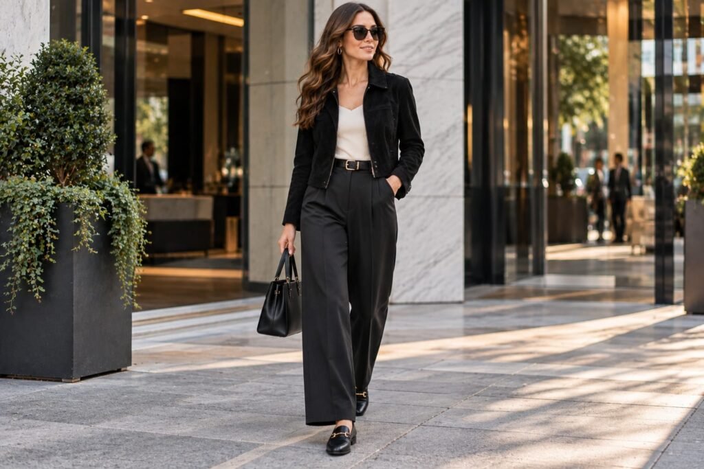 Woman wearing a black suede jacket with wide-leg trousers and loafers for a polished outfit.