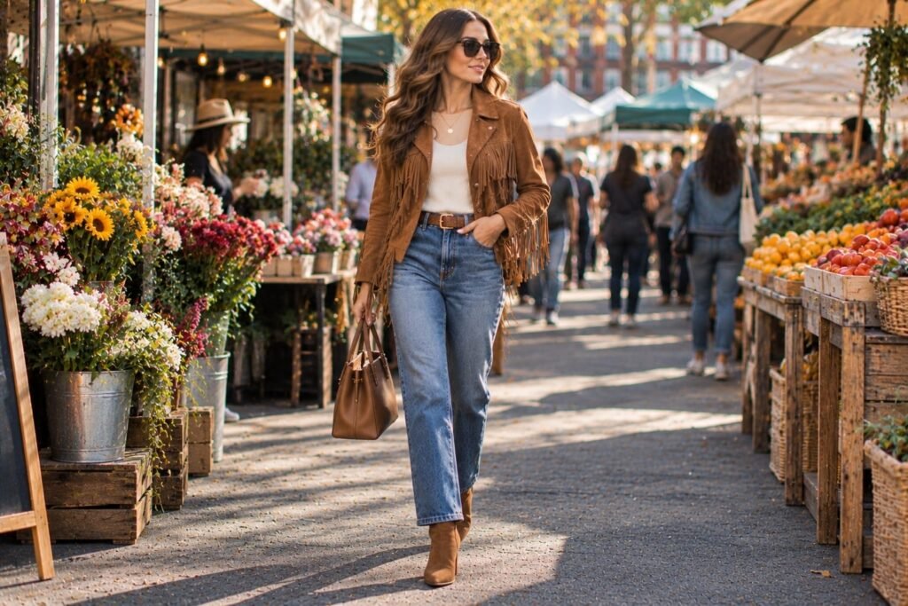 Woman wearing a fringe suede jacket with straight-leg denim jeans and ankle boots in a trendy fall outfit