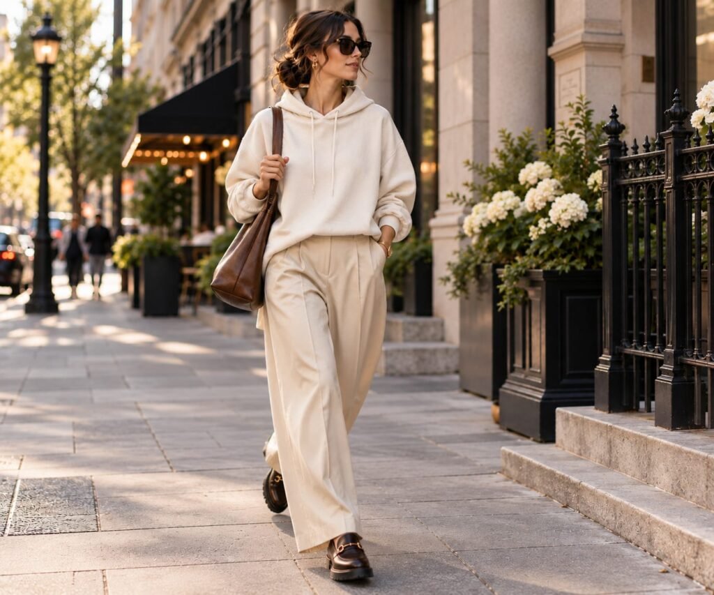 Wrong shoe theory outfit with an oversized hoodie, wide-leg trousers, and polished loafers”