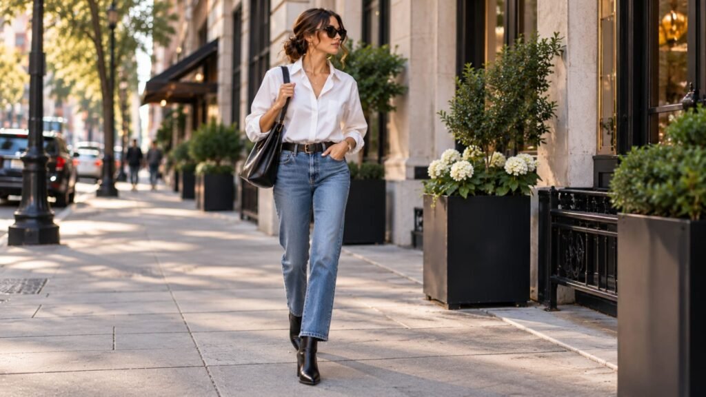 Wrong shoe theory outfit with straight-leg blue jeans, a tailored white shirt, and sleek ankle boots.