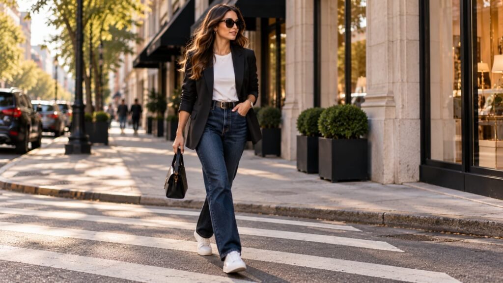 Dark wash jeans with a fitted blazer and clean white sneakers for a stylish wrong shoe theory outfit.