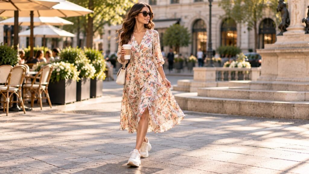 Floral midi dress with sneakers using the wrong shoe theory.