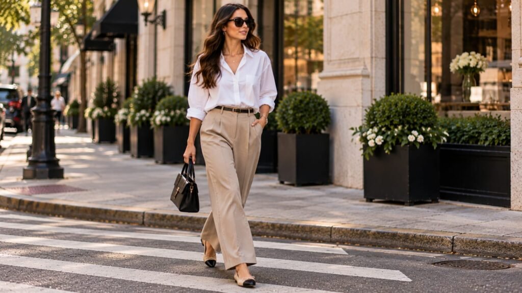 Tailored trousers with ballet flats using the wrong shoe theory.