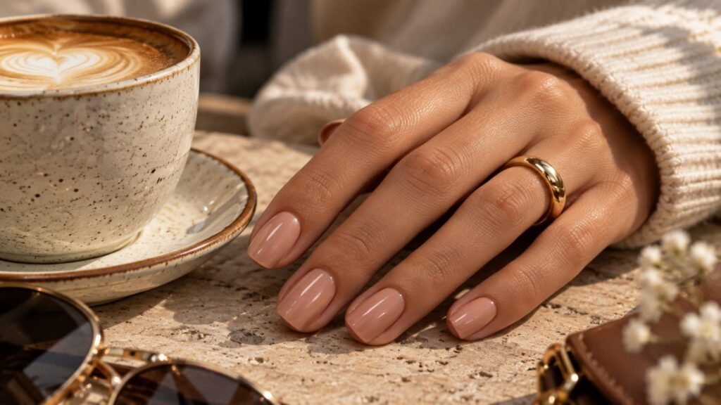 Short glossy nude nail inspo on squoval nails beside a coffee cup.