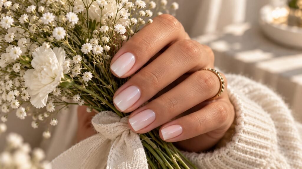 Milky white short nail inspo with glossy natural finish.