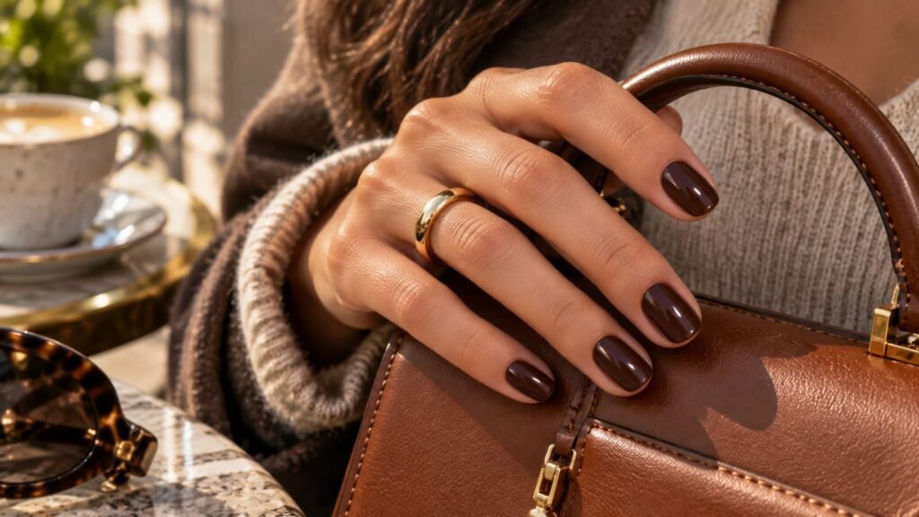 Chocolate brown short nail inspo with glossy almond-shaped nails.