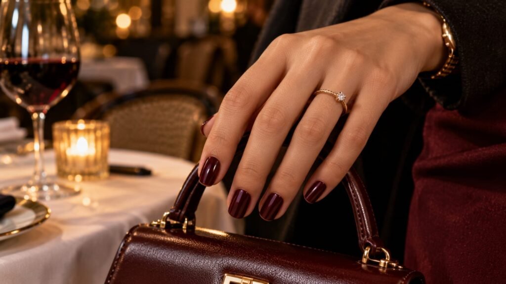 Burgundy short nail inspo with glossy wine-red nails.