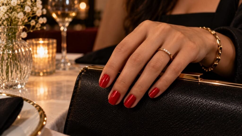 Classic red short nail inspo with glossy square nails.