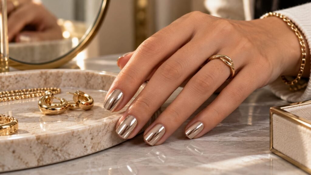 Short chrome nail inspo with glossy metallic almond nails.