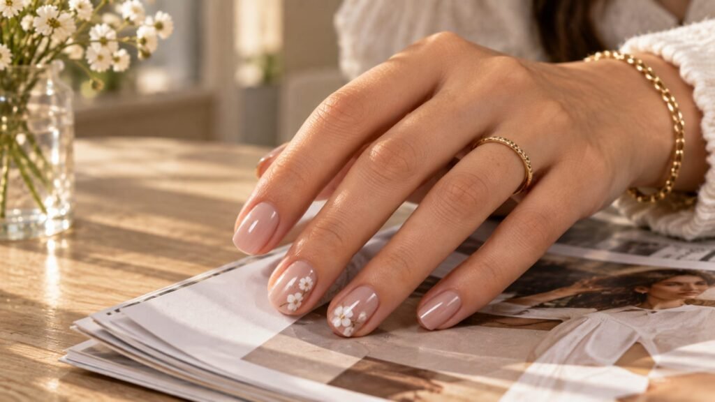 Minimal floral short nail inspo with nude nails and delicate white flowers.