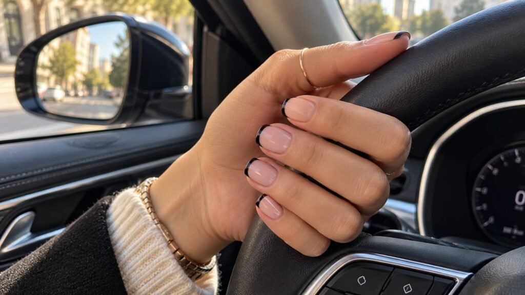Short black French tip nail design on a natural manicure.